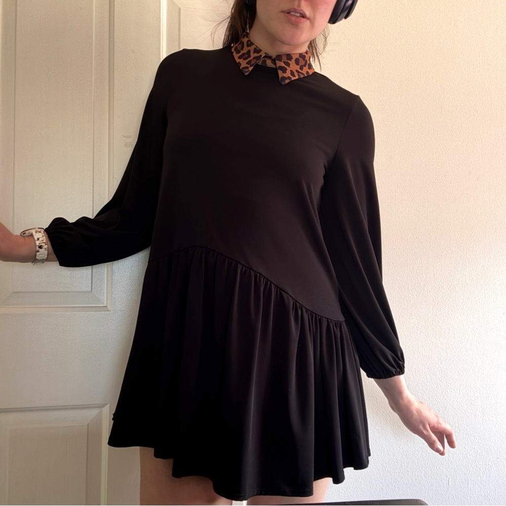 ASOS black mini dress with leopard print collar, long sleeves